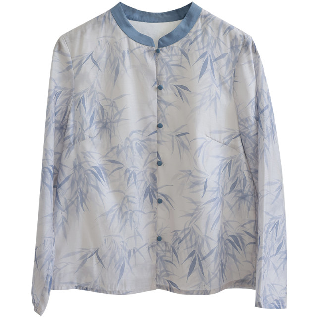 25CXA-094 Past and present life retro new Chinese style stand collar print contrast collar long sleeve shirt