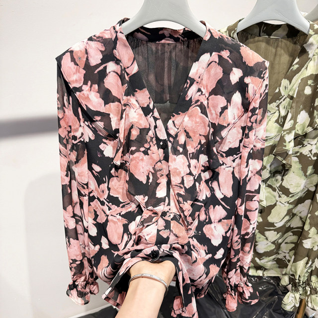 2025 new Korean style retro V-neck ruffle printed pullover long-sleeved chiffon shirt for women