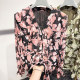 2025 new Korean style retro V-neck ruffle printed pullover long-sleeved chiffon shirt for women