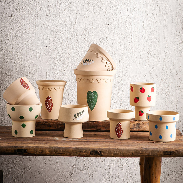 Clay flower pots, orchids and green plant flower pots, high-end breathing stoneware pots, creative simple and breathable home hand-painted flower pots