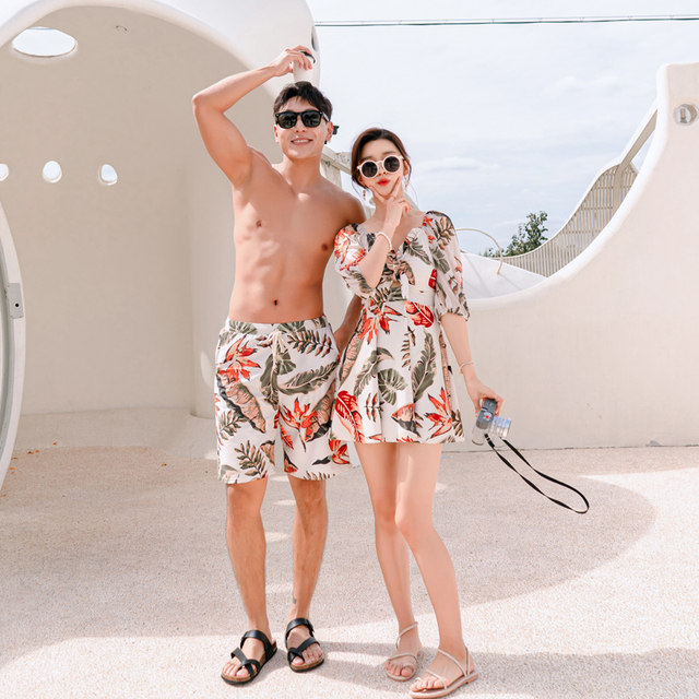 Couple swimsuit 2025 new women's conservative belly-covering and slimming skirt-style swimsuit men's beach swimming trunks soak in hot spring
