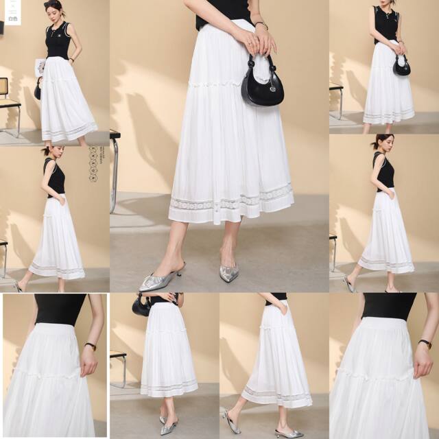 
2025 summer new style sweet lace hollow mid-length large hem skirt for women with high waist covering belly and slim skirt