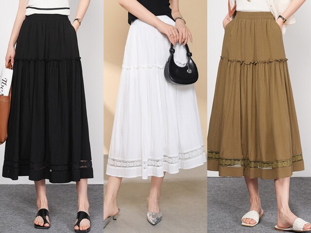 
2025 summer new style sweet lace hollow mid-length large hem skirt for women with high waist covering belly and slim skirt
