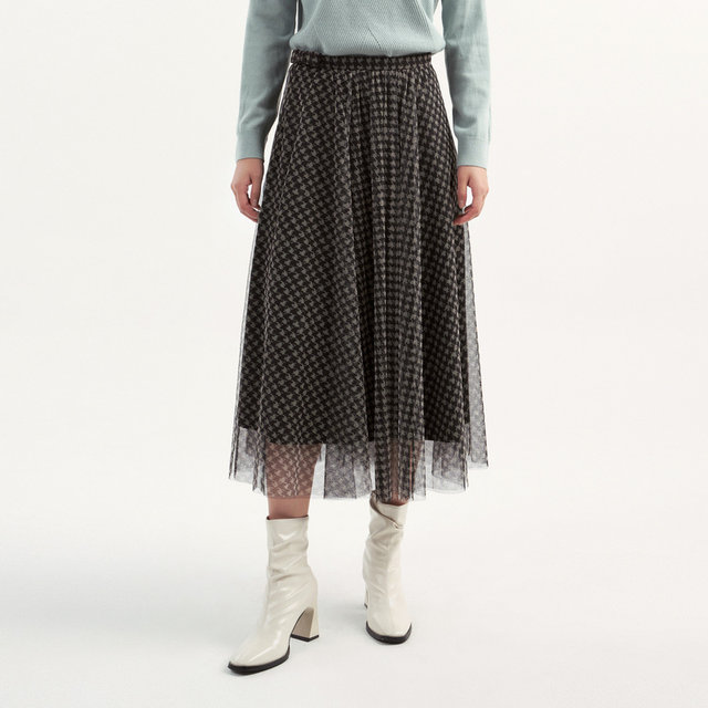 [Same style in the counter] Yifini/Yifei Houndstooth double-layer mesh commuter versatile A-line skirt and women's winter new
