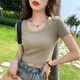 Gray round neck short-sleeved T-shirt women's 2025 summer new large neckline front shoulder slim half-sleeved short top