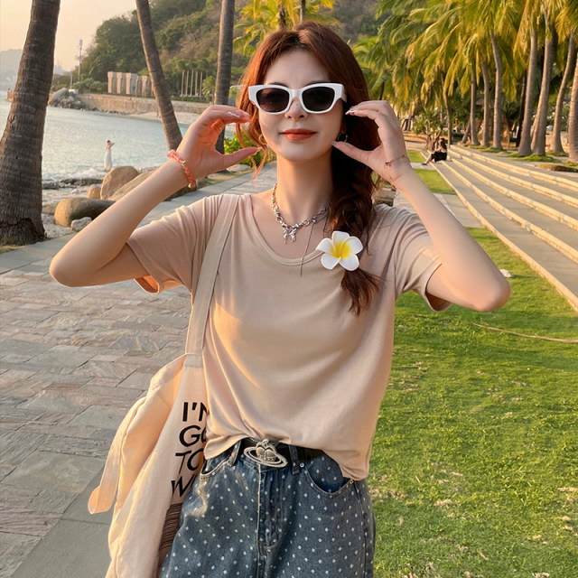 Green V-neck Modal short-sleeved T-shirt for women's summer 2025 new style for loose slimming ice silk top