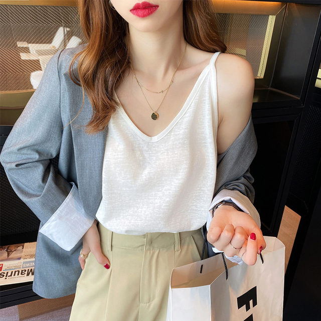 White V-neck suspender for women's inner wear 2025 summer new loose belly cover cotton and linen top bottomed outward wear small vest

