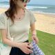 Gray round neck short-sleeved T-shirt women's 2025 summer new large neckline front shoulder slim half-sleeved short top