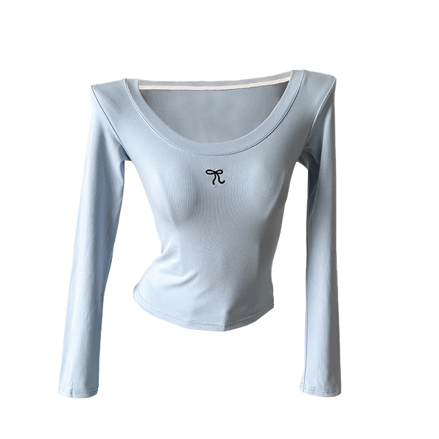 Gray U-neck embroidered long-sleeved T-shirt for women 2025 summer new design thin half-sleeved slim short top