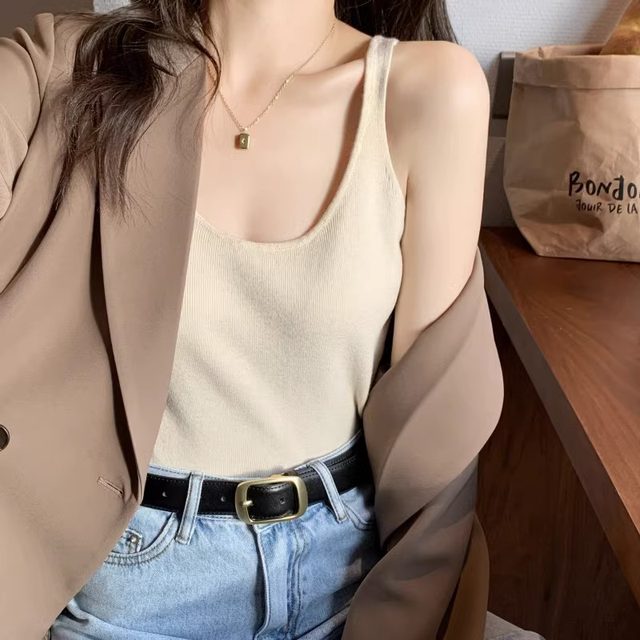 Summer 2025 new solid color suit with knitted base thin design top for women