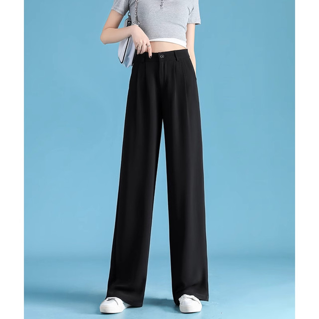 Black suit trousers for women in spring and summer 2025 new high-waisted floor straight loose slimming ice silk drooping pants