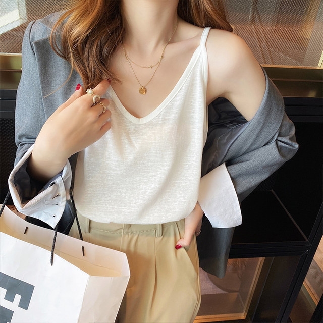White V-neck suspender for women's inner wear 2025 summer new loose belly cover cotton and linen top bottomed outward wear small vest
