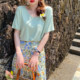 Green Modal short-sleeved facial mask T-shirt women's 2025 summer new loose fat mm belly cover V-neck ice silk top