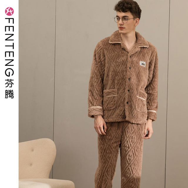 Fenton autumn and winter new thickened coral velvet pajamas men's suit cardigan middle-aged and youth flannel home clothes