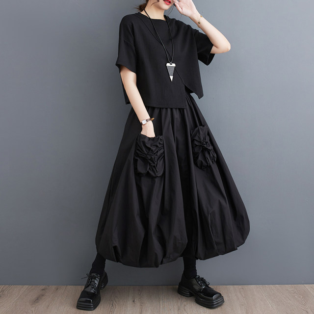 
Discount Spring and summer new loose solid color three-dimensional flower bud pocket collage double-layer lantern skirt versatile fluffy skirt cocoon shape