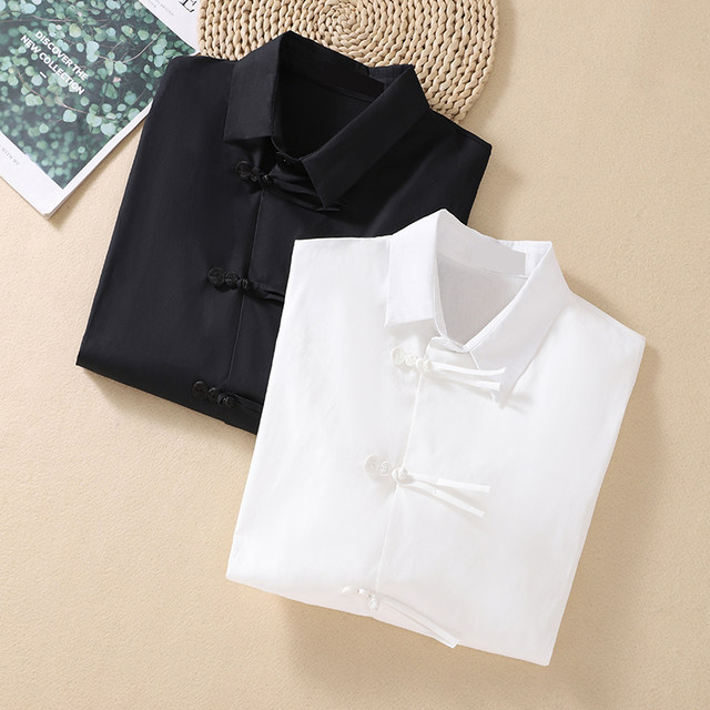 
New Chinese style discount year design niche short-sleeved top black slanted button button shirt summer versatile shirt clean color