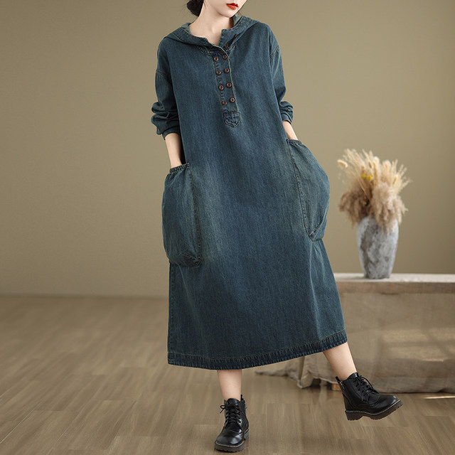 New spring and autumn hooded casual loose denim long-sleeved dress for women blue foreign trade export medium-length hidden meat
