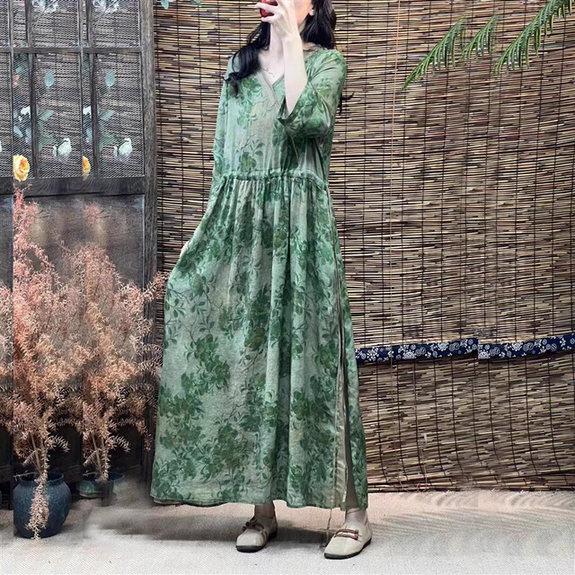 
Discounted summer new retro literary print dress with drawstring loose slim V-neck Chinese style seven-quarter sleeve long skirt