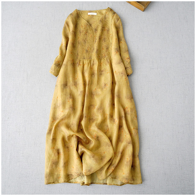 Literary ramie printed V-neck three-quarter sleeve dress spring and summer new women's clothing simple thin linen A-line skirt colorful long skirt