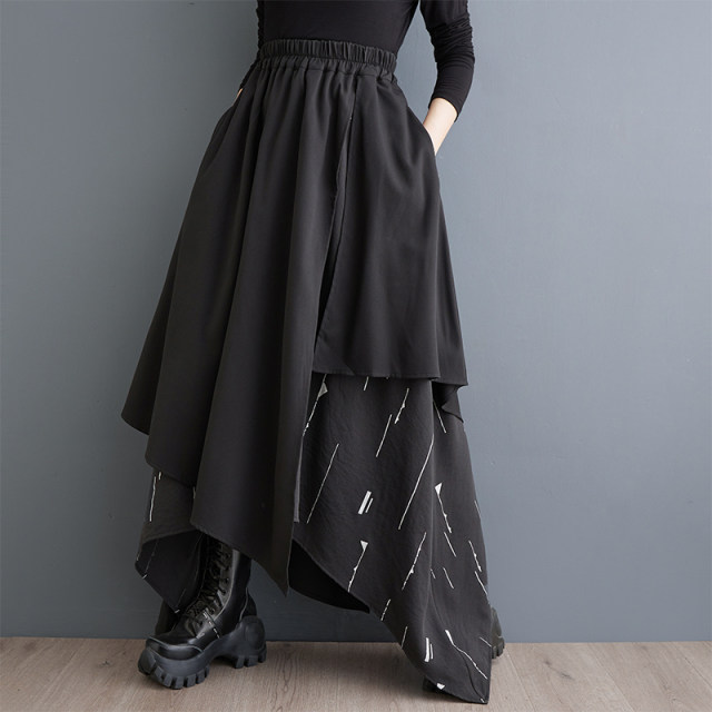 Discount autumn and winter new dark irregular skirt fashionable versatile print splicing to make the slim long skirt design
