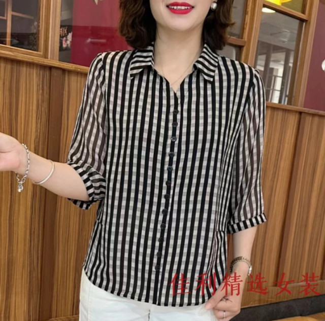 Mom's suit Polo collar striped chiffon centre-sleeved shirt fashionable women's summer short-sleeved T-shirt versatile women's top