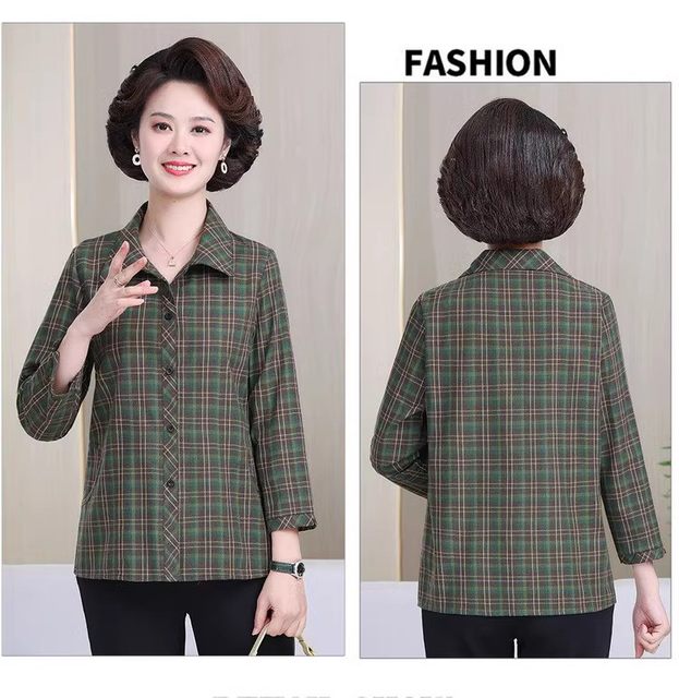 Mom cotton shirt female long -sleeved whole cotton spring and autumn clothes middle -aged and elderly mother -in -law shirt grid shirt female loose size
