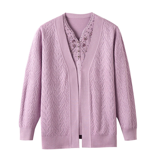 Middle-aged and elderly mothers autumn clothes ice silk knitted jacket for women with fat plus size noble thin top two-piece cardigan
