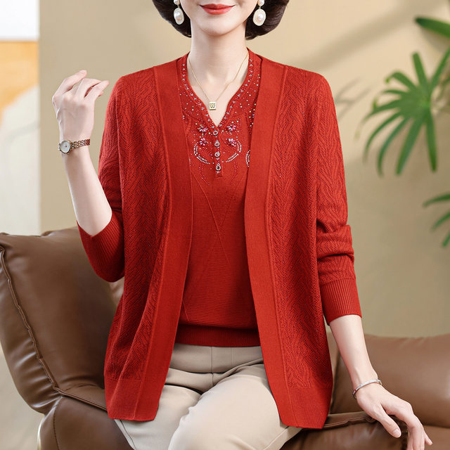 Middle-aged and elderly mothers autumn clothes ice silk knitted jacket for women with fat plus size noble thin top two-piece cardigan