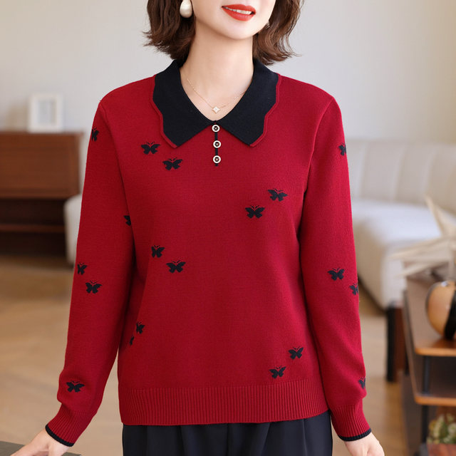 Autumn and winter style lapel cashmere sweater women's knitted top for middle-aged mothers to reduce age and gain weight plus size bottoming sweater