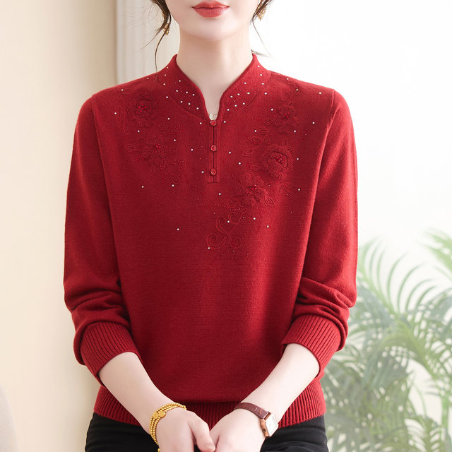 Middle-aged and elderly mothers autumn and winter cheongsam collar cardigan women's new Chinese style plus size plus size foreign style sweater noble top