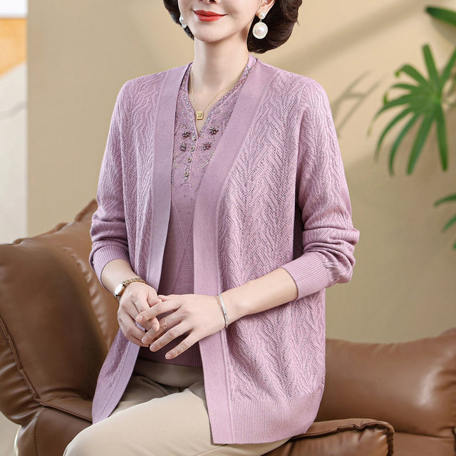 Middle-aged and elderly mothers autumn clothes ice silk knitted jacket for women with fat plus size noble thin top two-piece cardigan