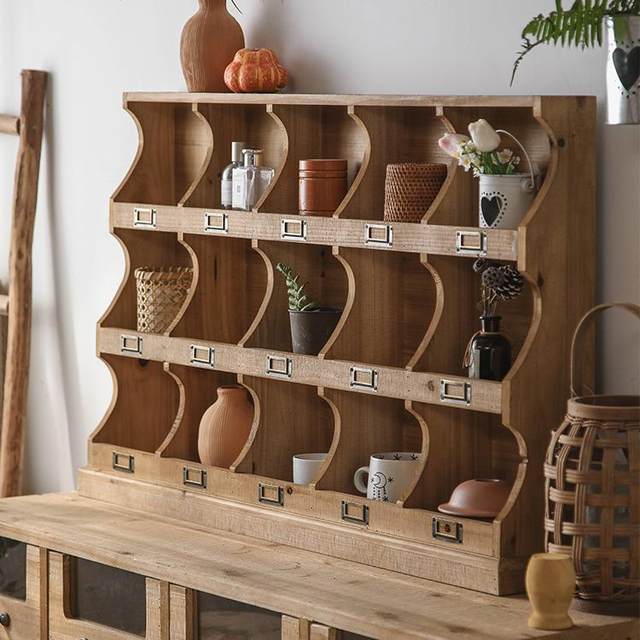 Retro solid wood multi-layer storage cabinet gardening cabinet flower shop living room bedroom hollow lattice cabinet lighting flower stand