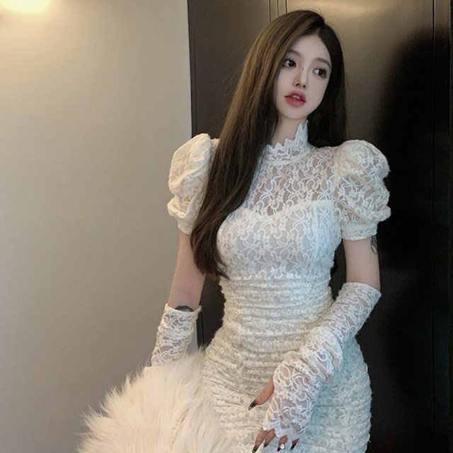 White sexy lace dress Female autumn high -end sense skirt French temperament high -end ladies slim hip skirt
