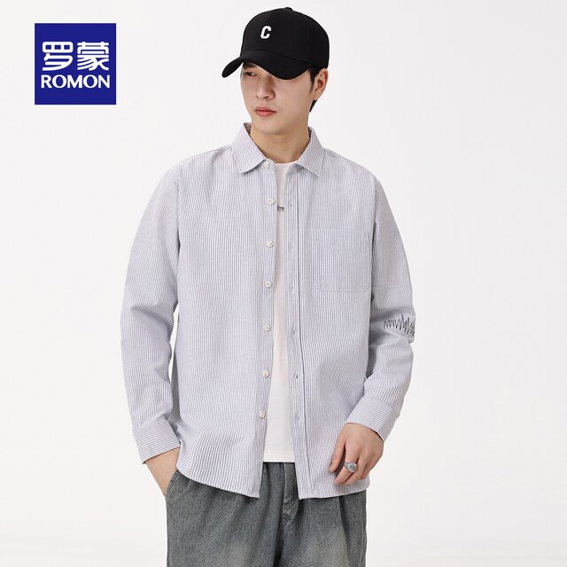 Romon men's long-sleeved striped shirt 2025 autumn new anti-wrinkle easy-care work shirt casual jacket for men