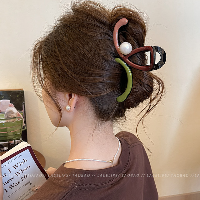 Niche irregular contrast color drop glaze pearl grab clip women's high-end 2025 new large-size shark hair clip headdress