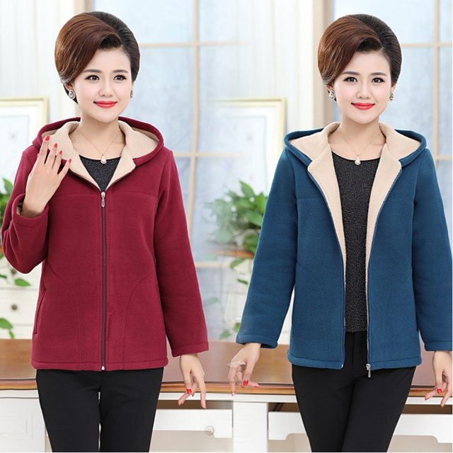Middle-aged and elderly hooded polar fleece sweatshirt jacket mom casual fleece top women's large size new fleece cardigan