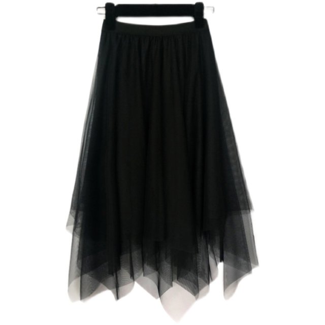 High -waist irregular large size, thin women's net gauze skirt A2024 summer new black wild A -line long skirt
