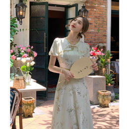 ( spot) greasy bamboo fog forest fringed plate button bamboo long dress new Chinese improved cheongsam dress