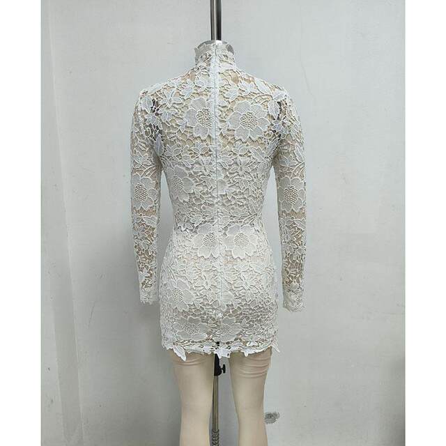 Light luxury high neck long sleeve white lace hollow skirt women's slim temperament lace birthday party dress