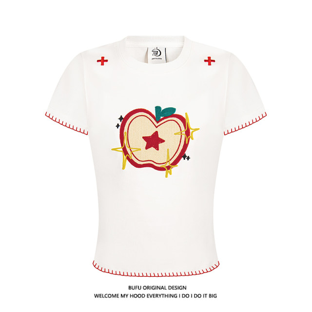 Billionaire BUFU American retro small apple embroidered short-sleeved T-shirt for women in summer sweet and spicy style shoulder slim tee