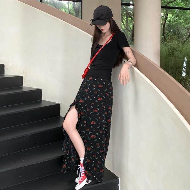 Large size ruffled floral skirt slit skirt for women spring and summer mid-length design high waist slim A-line skirt