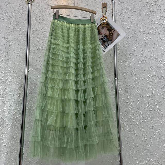 Fat mm large size design sensor lotus leaf edge mid -length fairy skirt female summer high waist A -type mesh cake skirt

