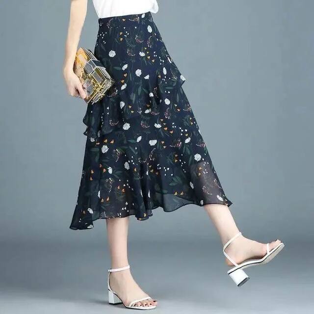 Medium-length chiffon skirt for women in summer 2024 new high-waisted a-line small fresh floral irregular ruffled skirt
