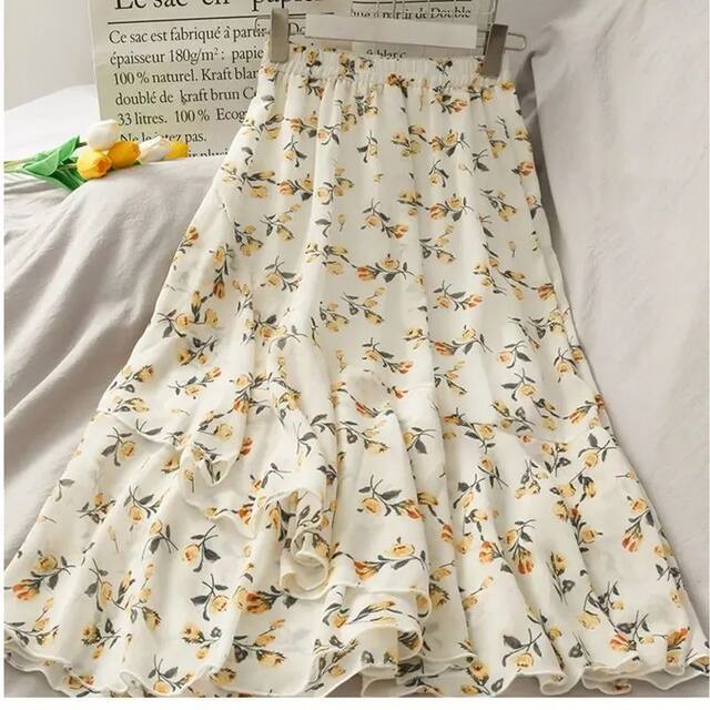 Medium-length chiffon skirt for women in summer 2024 new high-waisted a-line small fresh floral irregular ruffled skirt
