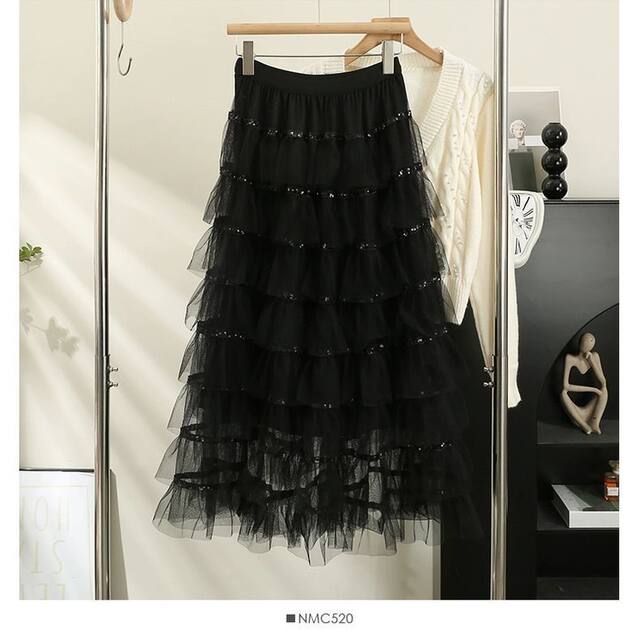 2025 Super Beautiful Spring and Autumn New Eight-Layer Mesh Sequin Splicing Heavy Industry High Waist A-line Sweet Cake Skirt
