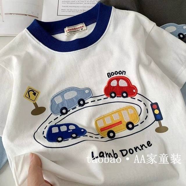 Children's autumn cartoon fake two-piece long-sleeved T-shirt for boys and baby spring clothes fashionable stickers 1 cloth thorn 2 embroidered base top