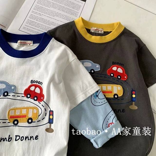 Children's autumn cartoon fake two-piece long-sleeved T-shirt for boys and baby spring clothes fashionable stickers 1 cloth thorn 2 embroidered base top