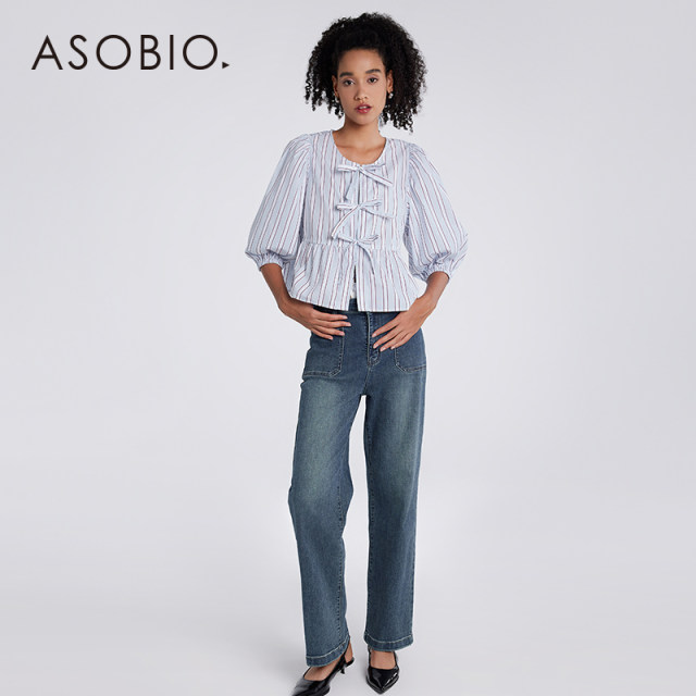 Asobio Autumn new mid-sleeved bulb lantern sleeve sleeve three-lace-up open-bowl striped shirt for women 503
