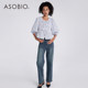 Asobio Autumn new mid-sleeved bulb lantern sleeve sleeve three-lace-up open-bowl striped shirt for women 503
