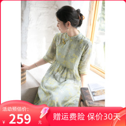 Red retro Ramie printing improved cheongsam dress women loose summer 2023 new women's temperament dress